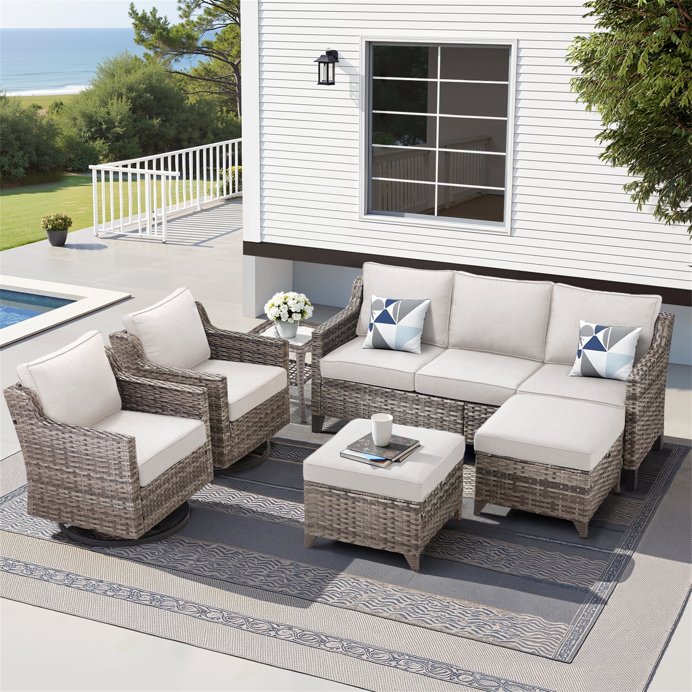 Yeahumalia Wicker Patio 6 Piece Furniture Set with Rattan Couch, 2 ...