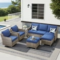 thumbnail image 1 of Yeahumalia Wicker Patio 6 Piece Furniture Set with Rattan Couch, 2 Swivel Rocker Chairs, 2 Ottomans and 1 Side Table, Outdoor Conversation Sets(Grey/Blue), 1 of 13