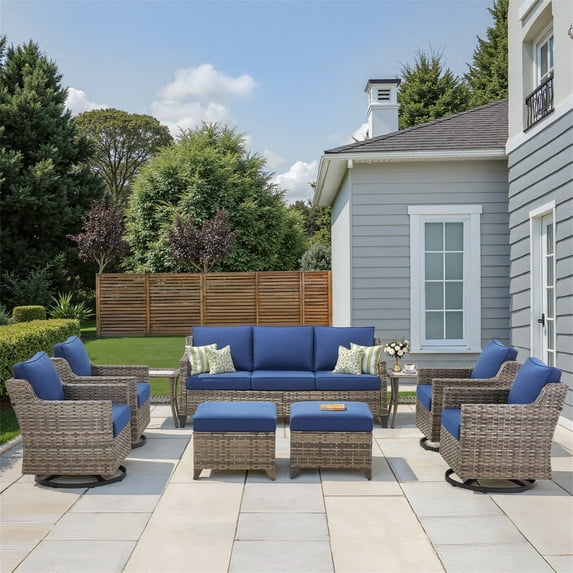 Yeahumalia Wicker Patio Furniture Sets 9 Piece Set with Rattan Couch, 4 Swivel Rocking Armchairs, 2 Ottomans and 2 Side Table, Outdoor Conversation Set, Grey/Blue