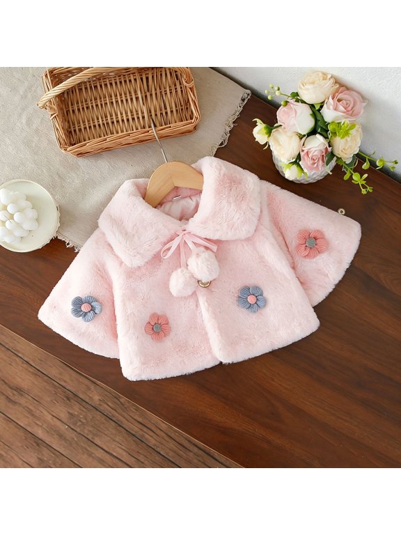 Baby Girls Fleece Jackets Cute Flower Fuzzy Coat Button Tie Front Coats Lapel Bell Sleeve Jacket Kids Fall Winter Trendy Outerwear 6-24M