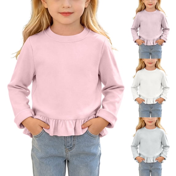 Yeaiivve Baby Toddler Girls Cute Tops Long Sleeve Ruffle Hem Blouse for Kids Cotton Blend Soft Crewneck Basic Tees Little Girl Solid Color Casual T-Shirts Fall Clothes White 6 Years