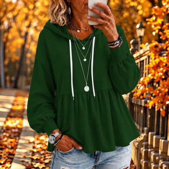 Yeaiivve Babydoll Hoodies for Women Puff Sleeve Drawstring Cute Hoodie Peplum Hem Casual Loose Fit Tops Comfy Lightweight Pullovers M