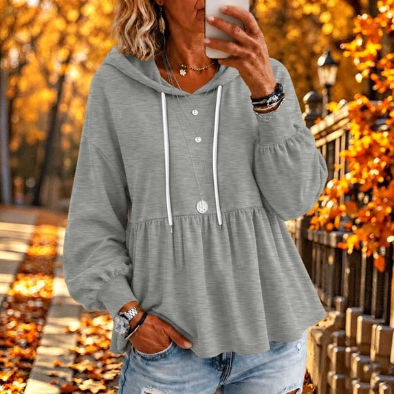 Yeaiivve Babydoll Hoodies for Women Puff Sleeve Drawstring Cute Hoodie Peplum Hem Casual Loose Fit Tops Comfy Lightweight Pullovers XL