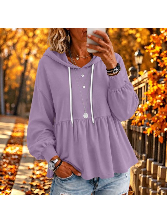 Babydoll Hoodies for Women Puff Sleeve Drawstring Cute Hoodie Peplum Hem Casual Loose Fit Tops Comfy Lightweight Pullovers XL