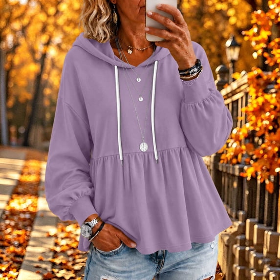 Yeaiivve Babydoll Hoodies for Women Puff Sleeve Drawstring Cute Hoodie Peplum Hem Casual Loose Fit Tops Comfy Lightweight Pullovers XXL