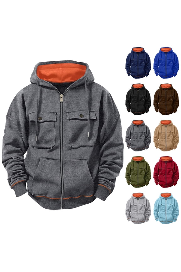 Big and Tall Zip Up Hoodies Men Cargo Sweatshirt Jacket Lightweight Full-Zip Tactical Workout Sweatshirts with Multi Pockets Black XL