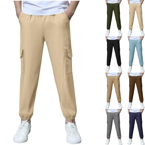 Yeaiivve Boys Cargo Sweatpants Elastic Ankle Cuffs Workout Joggers Linen Casual Sweat Pants Solid Color Tapered Leg Trousers with Multi Pockets Army Green 120
