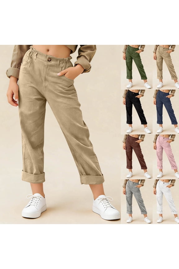 Boys Girls School Uniform Chino Pants Kids Smocked Waist Twill Casual Pants Comfortable Stretchy Rolled-Cuff Trousers Khaki,14-15 Years