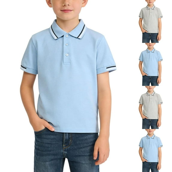 Yeaiivve Boys School Uniform Short Sleeve Polos Shirt Kids Cotton Button Closure Collared T Shirts Striped Fashion Golf Shirt Summer Clothes Gray 170