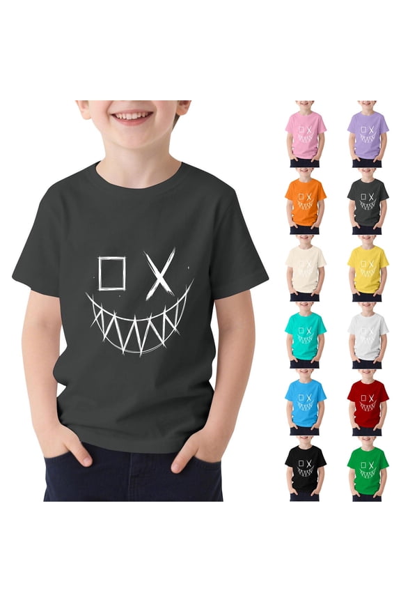 Yeaiivve Boys Summer Tshirts Fancy Smiley Face Printed Graphic Tees Active Casual Short Sleeve Round Neck T-Shirt Cozy Soft Pullovers Black 110