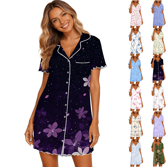 Yeaiivve Button Down Nightgowns for Women Cute Bow Print Short Sleeve Nightshirts Boyfriend Shirt Sleepdress Soft Pajama Dress Multicolor,S