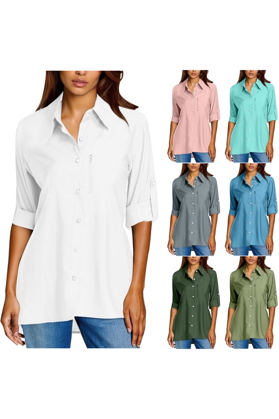 Buttons Down Shirts for Women Rolled Long Sleeve Hiking Shirts Lightweight Quick Dry SPF Breathable Dress Shirts White,S