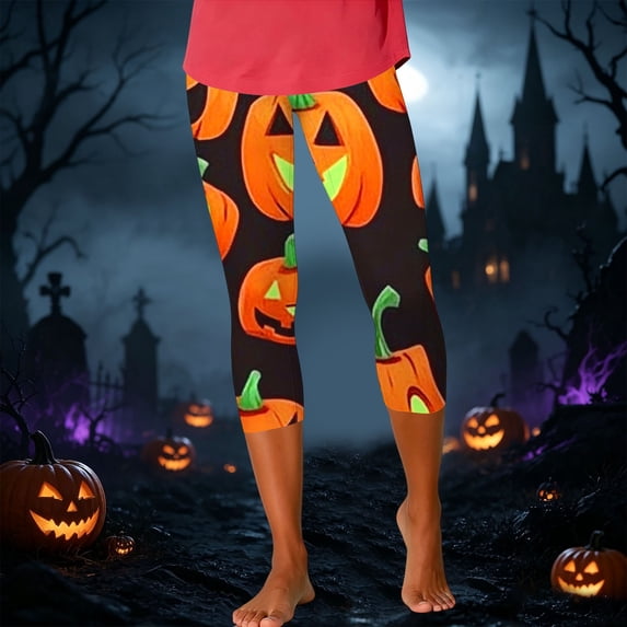 Yeaiivve Capri Leggings for Women Halloween Spooky Pumpkin Print Tights Stretch High Waisted Workout Legging Buttery Soft Cozy Slim Fit Yoga Pants XL