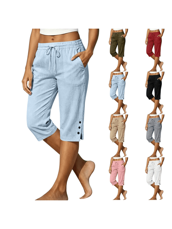 Capri Pant for Women Casual Cotton Linen Cropped Trousers Button Side Split Cuff Drawstring Capris Pants Lightweight Baggy Long Shorts with Pockets Gray,M