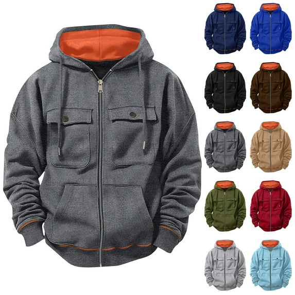 Yeaiivve Cargo Hoodies for Men Full Zip Sweatshirts Outdoor Casual Tactical Jacket Fall Winter Outerwear with Multi Pockets Dark Gray S