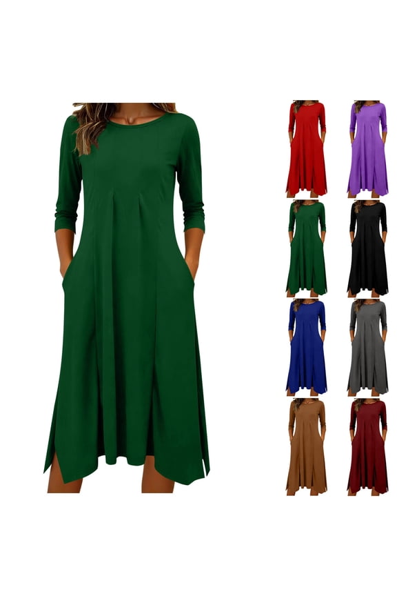 Casual A-Line Dresses for Women with Pockets Pleated Empire Waist Tunic Dress 3/4 Sleeve Side Slit Midi Dresses Cozy Lounge House Dress Khaki,S
