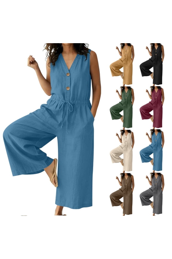 Cotton Linen Romper for Women Wide Leg One-Piece Jumpsuits Smocked Waist Loose Jumpsuit Fashion Buttons Down Overalls with Pockets Brown,L