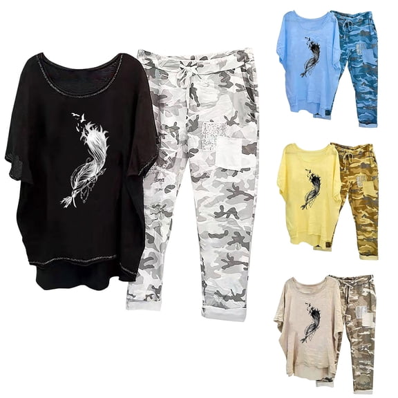 Yeaiivve Cotton Linen Sets for Women 2 Piece Casual Summer Outfits Oversized Graphic T Shirts and Camouflage Capri Pants Matching Lounge Set Khaki L