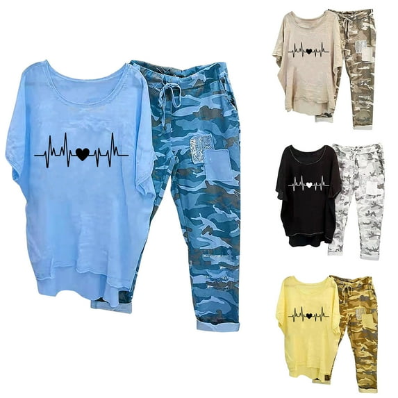 Yeaiivve Cotton Linen Sets for Women 2 Piece Summer Outfits Plus Size Short Sleeve Graphic Tees Camo Capri Pants Matching Sets Blue S