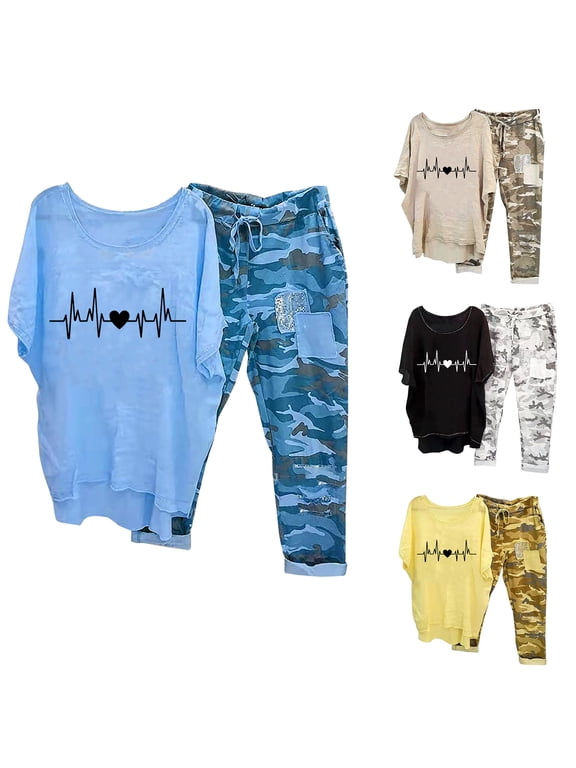 Cotton Linen Sets for Women 2 Piece Summer Outfits Plus Size Short Sleeve Graphic Tees Camo Capri Pants Matching Sets Khaki XXL