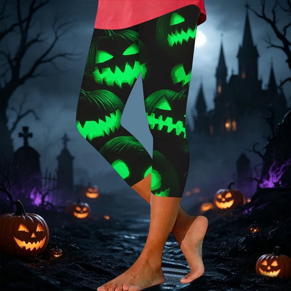 Yeaiivve Cropped Halloween Leggings for Women Funny Pumpkin Printed Tights Elastic High Waisted Workout Legging Soft Stretchy Pajama Bottoms L
