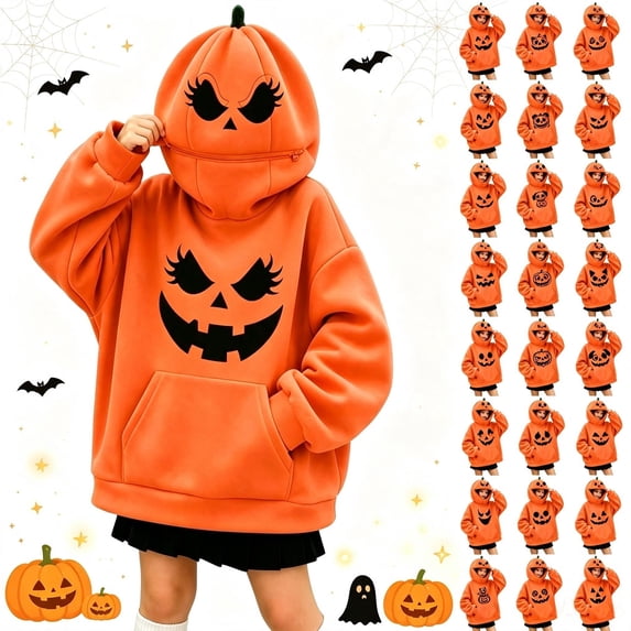 Yeaiivve Cute Hoodies for Kids Halloween Novelty Graphic Pullover Hoodie Oversized Pumpkin Zipper Hooded Sweatshirts Boys Girls Kangaroo Pocket Hoodies Orange 5 Years