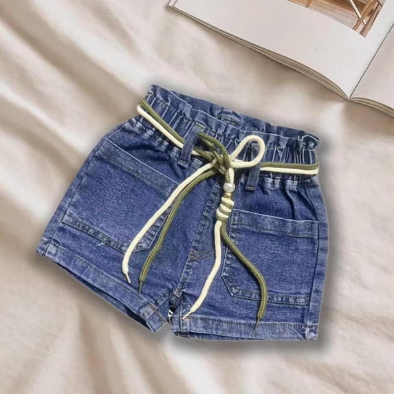 Yeaiivve Cute Jean Shorts for Toddler Girls Belted Elastic High Waisted Denim Shorts Summer Straight Leg Loose Casual Jorts with Pockets Blue 3-4Years