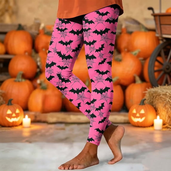 Yeaiivve Cute Leggings for Women Halloween SpiderWeb Bat Printed Skinny Pant Elastic High Waist Yoga Pants Cozy Stretchy Milk Silk Workout Legging 3XL