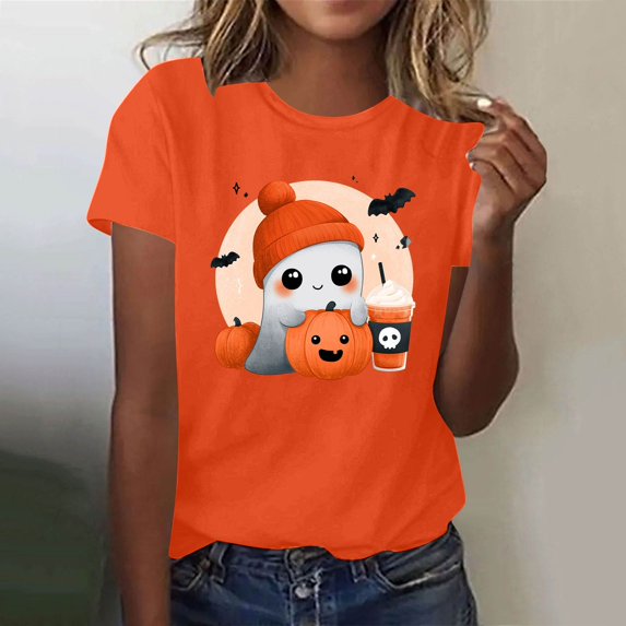 Yeaiivve Cute Tunic Tops for Women Halloween Cartoon Ghost Printed Graphic Tees Loose Fit Casual Holiday T-Shirts Soft Comfy Crewneck Pullover M