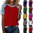 thumbnail image 1 of Yeaiivve Denim Shirts for Women Raglan Crewneck Patchwork Tee Shirt Short Sleeve T-Shirts Summer Casual Vintage Tops Color Block Blouses Green,L, 1 of 5