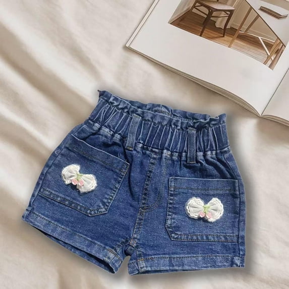 Yeaiivve Denim Shorts for Toddler Girls Cute Bow Casual Loose Jean Shorts Kids Elastic High Waist Straight Leg Jorts with Pockets Back to School Gifts Blue 2-3Years