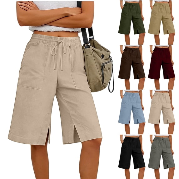 Yeaiivve Drawstring Bermuda Shorts for Women Cotton Linen Side Slit Beach Shorts Wide Leg Lounge Knee Length Shorts with Pcoekts Green,XL