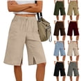 thumbnail image 1 of Yeaiivve Drawstring Bermuda Shorts for Women Cotton Linen Side Slit Beach Shorts Wide Leg Lounge Knee Length Shorts with Pcoekts Khaki,S, 1 of 7