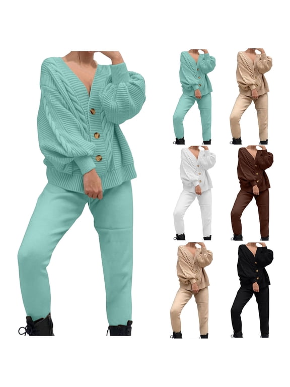 Fall Outfits for Women 2 Piece Set Cable Knit Cardigan Tops and Pants Matching Lounge Sweatsuits Green M