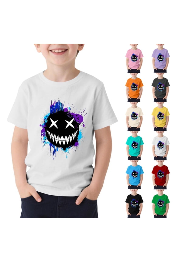 Yeaiivve Funny Graphic Tees for Boys Smile Printed Short Sleeve Tshirts Summer Casual Round Neck Pullover Loose Fit Comfort Cute Tops Purple 110
