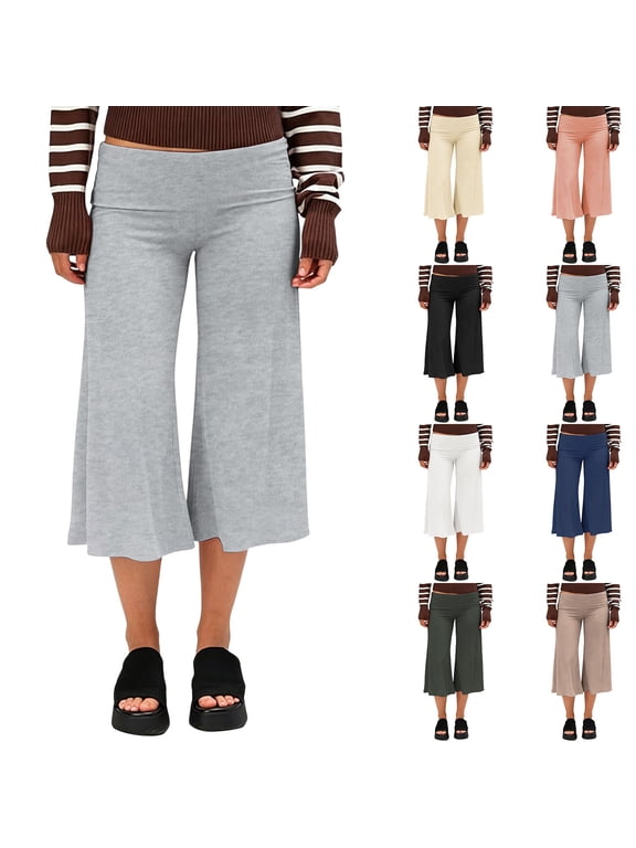 Gaucho Pants for Women Fold Over Yoga Capri Leggings Low Rise Wide Leg Cropped Pant Flowy Stretch Palazzo Culotte Bottom Beige,M