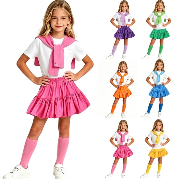 Yeaiivve Girls 4 Piece Outfits Back to School Performance & Class Photo Sets for Girls Round Neck Short Sleeve Top Bubble Skirt Shawl and Socks Blue 3-4 Years