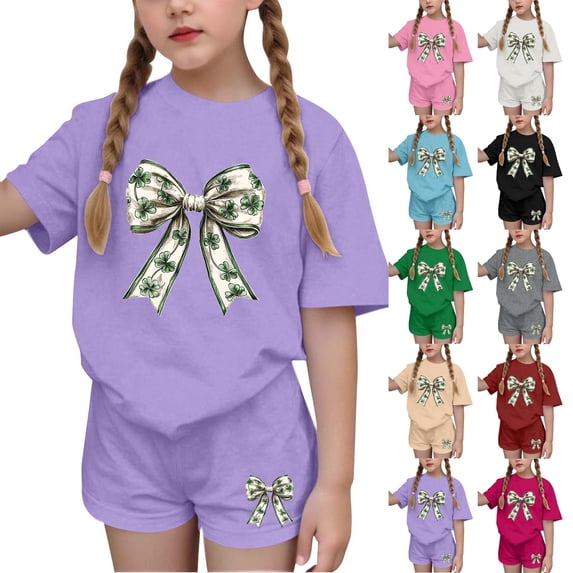 Jinhomg Girls Athletic Sets Cute Graphic Short Sleeve Tops and Yoga Shorts Workout Running Gym Summer Outfits for 4-15 Years