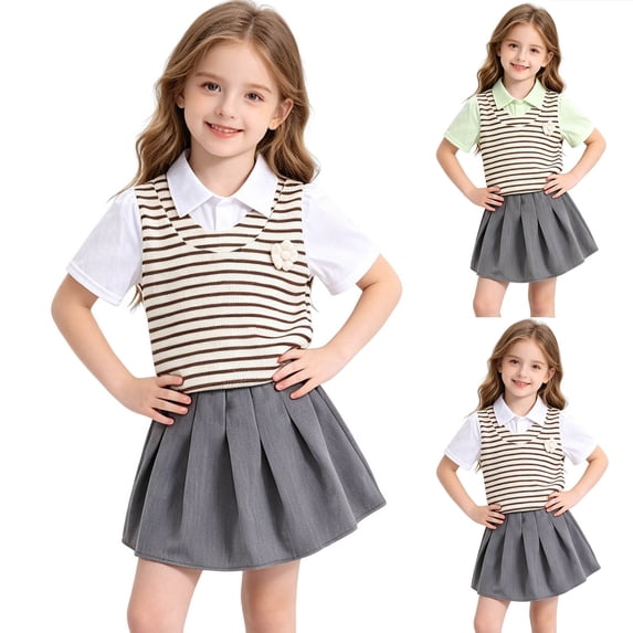 Yeaiivve Girls Back to School 2 Piece Outfit Striped Fake Two-Piece Polos Shirt & Pleated A-Line Skirt Set Summer Casual Preppy Clothes for Kids Green 2-3 Years