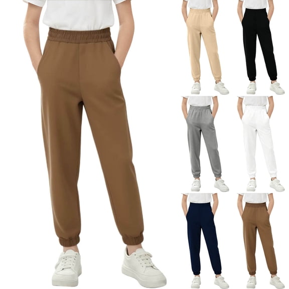 Yeaiivve Girls Casual Sweatpants Elastic High Waisted Jogger Pants Solid Casual Straight Leg Sweat Pants Cotton Trousers with Pockets White 150