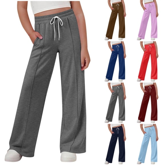 Yeaiivve Girls Casual Wide Leg Pants Loose Fit Drawstring Elastic Waist Sweatpants Spring Summer Fashion Workout Athletic Trousers with Pockets Purple 170