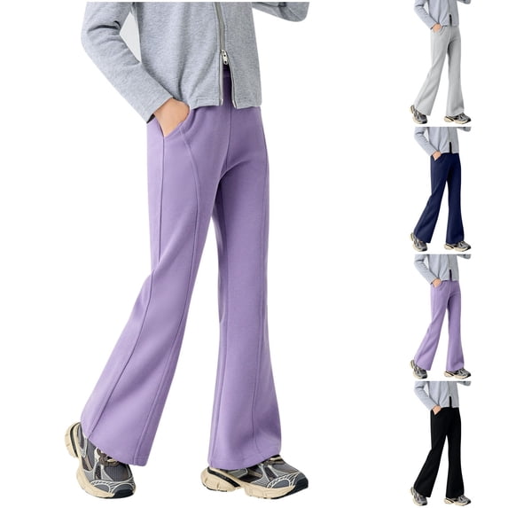 Yeaiivve Girls Flare Pants with Pockets Cotton Casual Bell Bottom Lounge Pants Comfort High Waisted Yoga Sweatpants Solid Color Trousers Navy 150