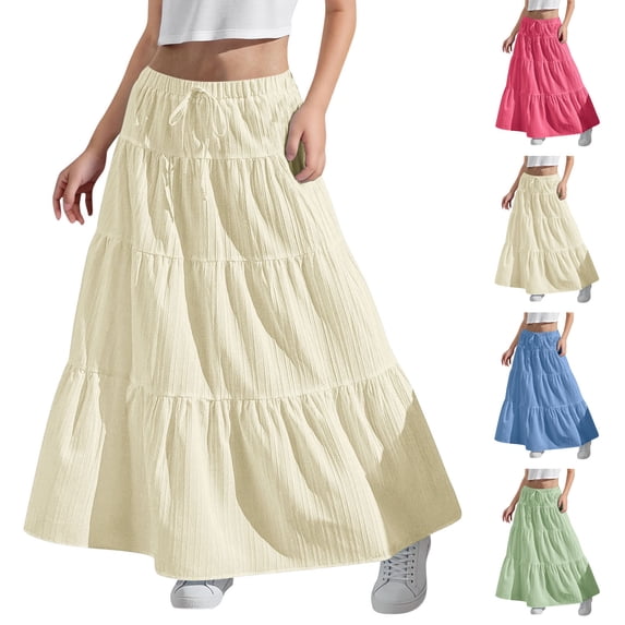 Yeaiivve Girls Maxi Skirts Boho Casual Tiered Skirt Little Girls Adjustable High Waist A-Line Skirts Summer Flowy Swing Long Skirt for Vacation Blue 14-15Years