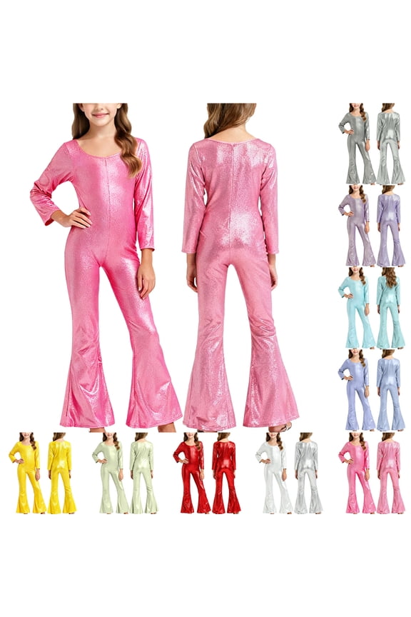 Yeaiivve Girls Sequin Jumpsuits Shiny Long Sleeve Flare Leg Rompers Performance Dance Overalls Sparkly Birthday Festival School Party Costumes Silver 110