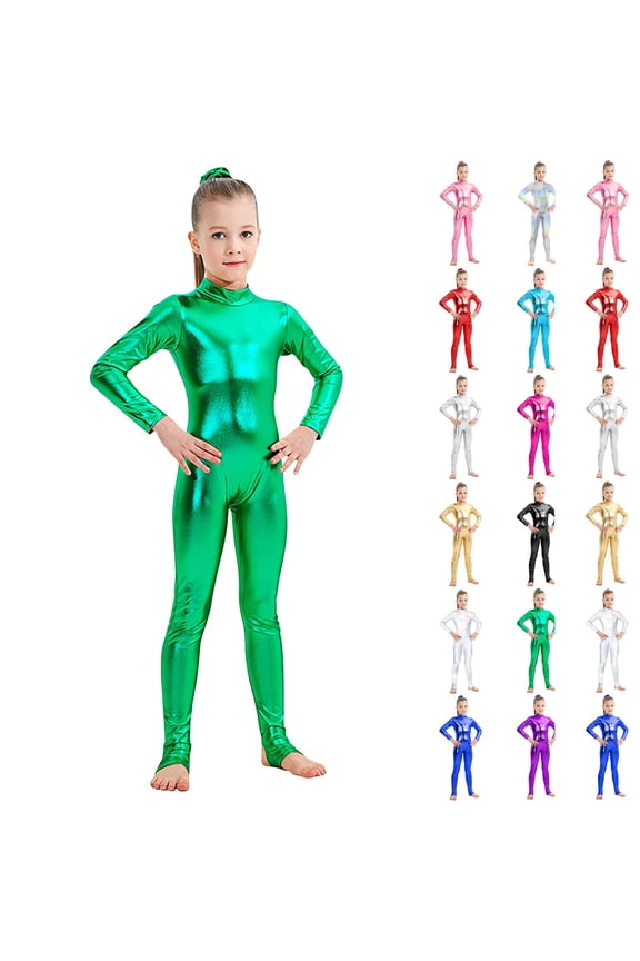 Yeaiivve Girls Shiny One Piece Bodysuit Long Sleeve Mock Neck Zipper Back Jumpsuits Boys School Performance Costume Fancy Dance Rompers Gold 7-9 Years