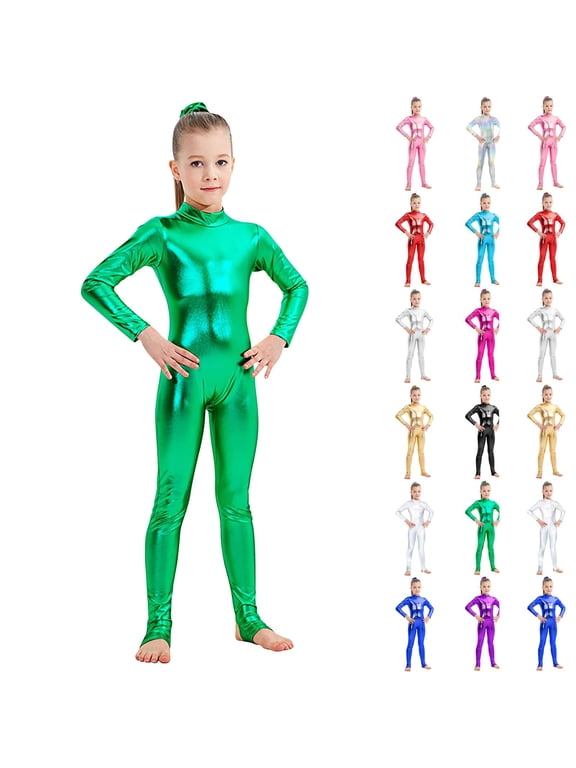Girls Shiny One Piece Bodysuit Long Sleeve Mock Neck Zipper Back Jumpsuits Boys School Performance Costume Fancy Dance Rompers Green 10-12 Years