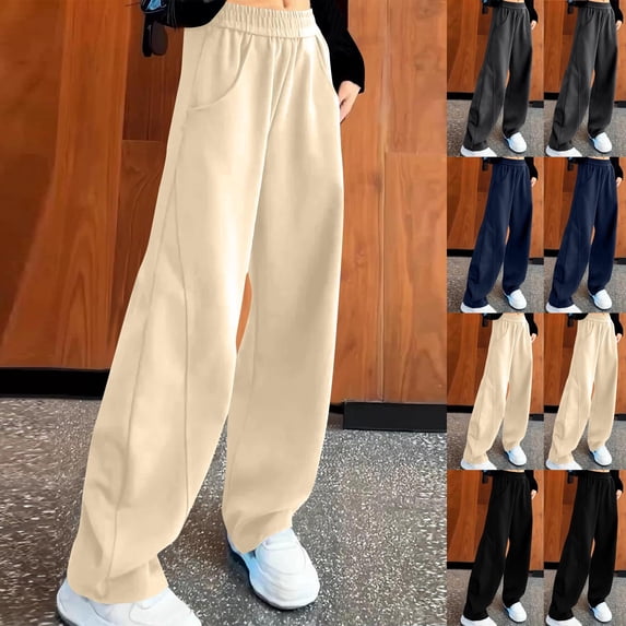 Yeaiivve Girls Straight Leg Sweatpants Fashion High Waisted Running Sweat Pants Loose Fit Casual Joggers Solid Color Lounge Trousers with Pockets Navy 170