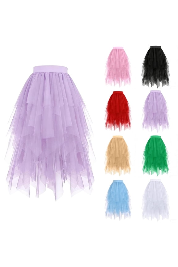 Girls Tutu Skirts Long Layered Asymmetrical Cake Skirt Elastic Waist Mesh Tulle Skirt High Waisted Lace Skirts for Girls White,4-5Years