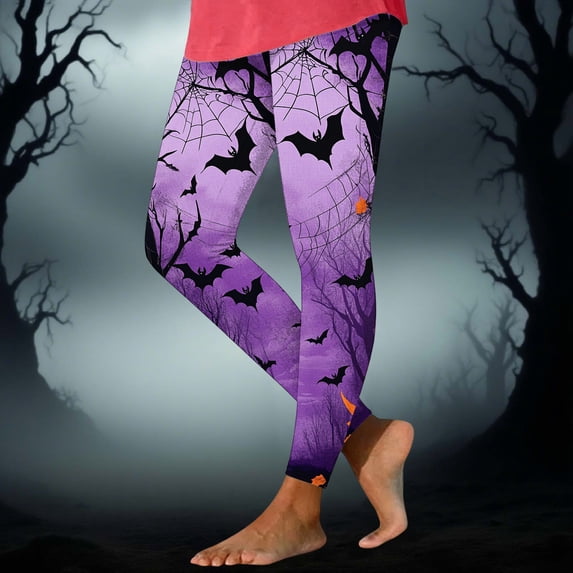 Yeaiivve Halloween Printed Leggings for Women Gradient SpiderWeb Bat Tight Pants Tummy Control Workout Legging Soft Comfy Stretchy Yoga Pant L