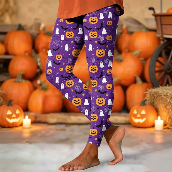 Yeaiivve Halloween Printed Tights for Women Cartoon Ghost Pumpkin Graphic Leggings Seamless Stretchy Milk Silk Workout Leggings Soft Cozy Pajama Bottoms XL